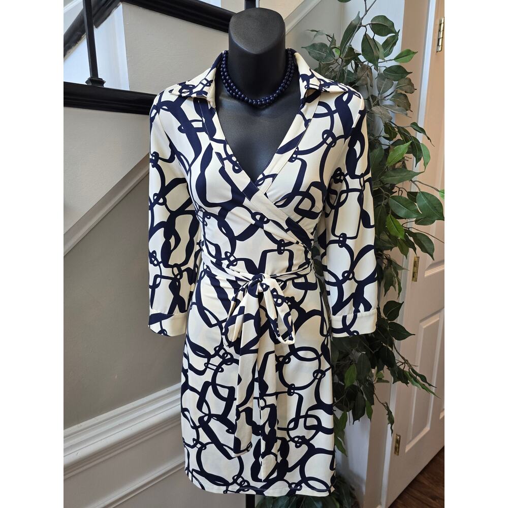 Julie Brown Shift Dress S Navy Ivory Peruzzi Wrap Tie-Waist 3/4 Sleeve Party - Picture 4 of 9